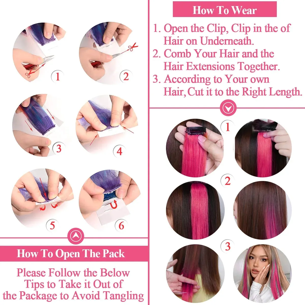 22Inch 10Pcs Colored Highlight Synthetic Hair Extensions Pink Straight Hairpieces for Women Kids Girls Party Cosplay — image 5