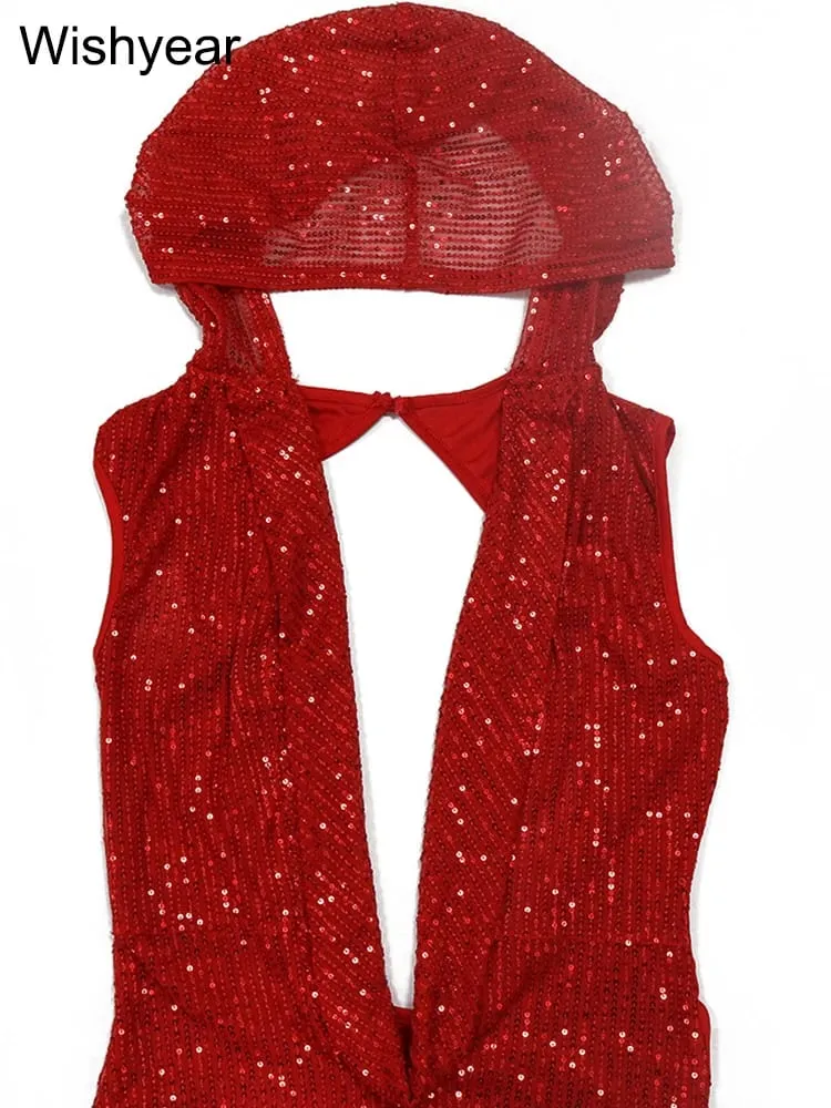 New Luxury Birthday Red Hooded Dress for Women Sexy Deep V Neck Sequins Glitter Mesh See Through Back Open Sparkly Evening Robe — image 7