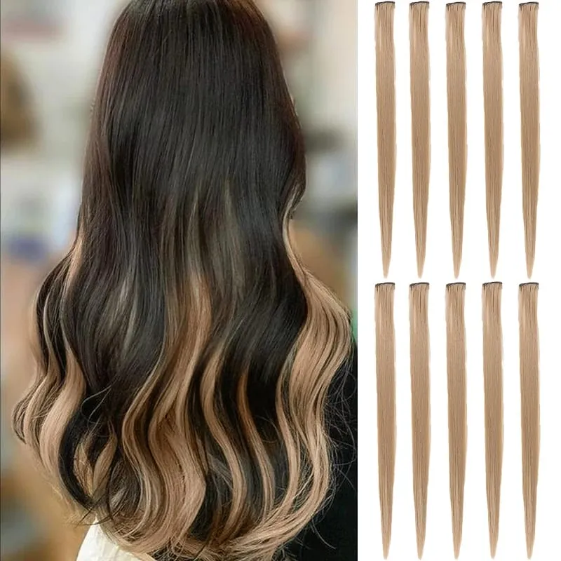 10Pcs Pink Clip in Hair Extensions Party Highlights Wig Synthetic Colored Straight Hairpiece for Girls Kids Christmas Party Use — image 10