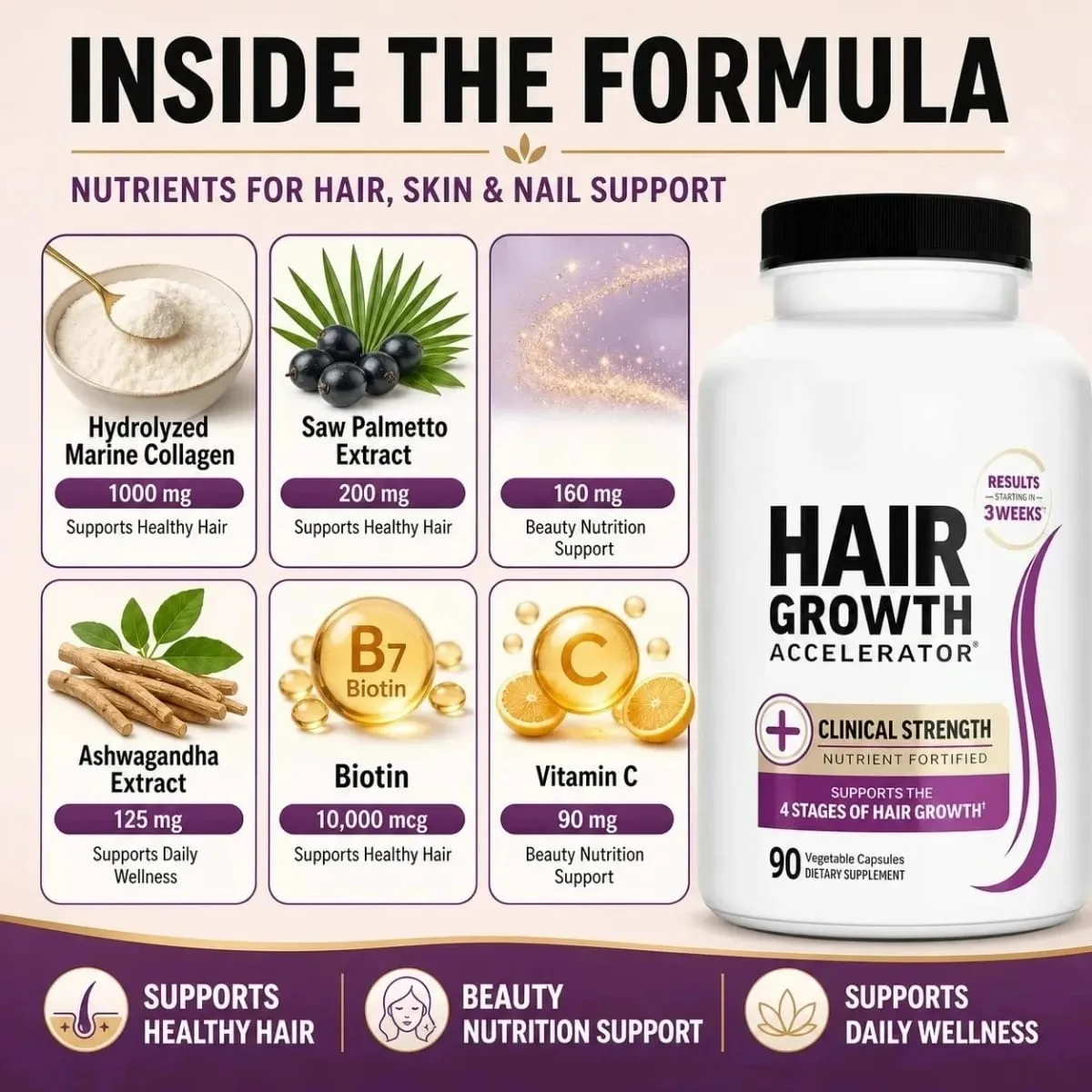 Hair Skin Nails Support Vitamins with Biotin Collagen Saw Palmetto 10000mcg Biotin Vegan Capsules Beauty Nutrition Formula — image 4