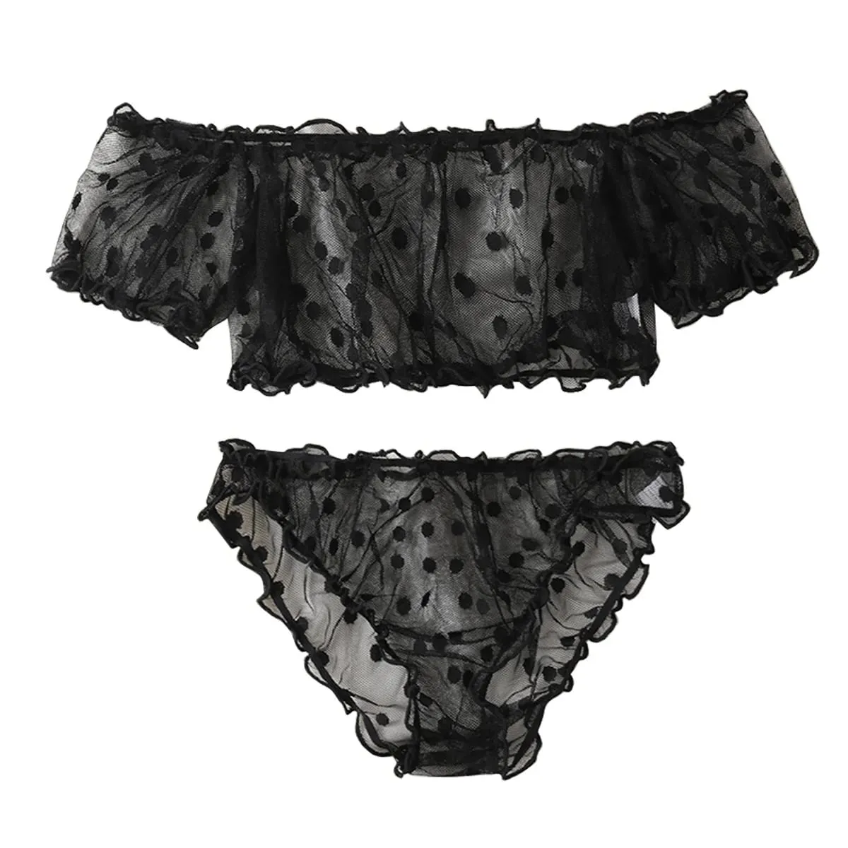 Women 2-Piece Lingerie Dot Embroidery Mesh Fancy Outfit Romantic Underwear Set Bra And Panty Sets — image 1