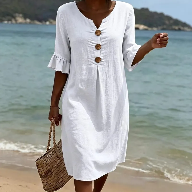2026 Amazon European and American Cross-Border Spring and Summer New Cotton and Linen V-Neck Dress with Large Buttons and Ruffle — image 1
