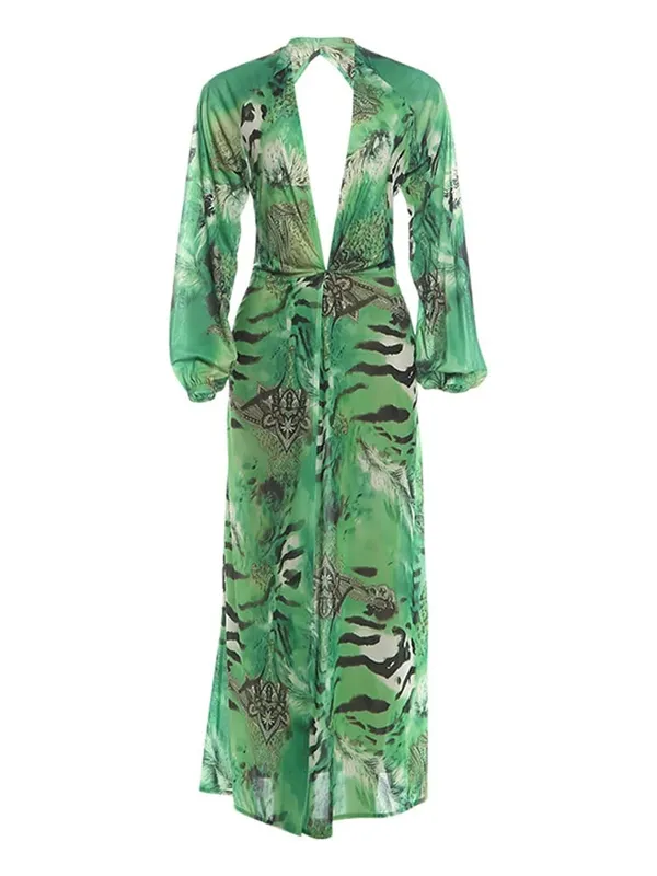 Woman Tiger Stripe Print Deep V-neck Dress Sexy Backless Long Sleeve Dresses 2026 Summer Vacation Beach Party Elegant Vestidos