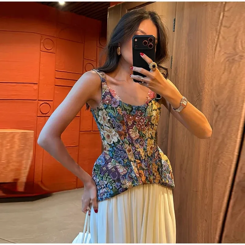 Vintage Floral U Neck Spaghetti Strap Corset Cami Top Curved Hem Fitted 2026 Summer Women Slim Tank Causla Versatlie Lady Top