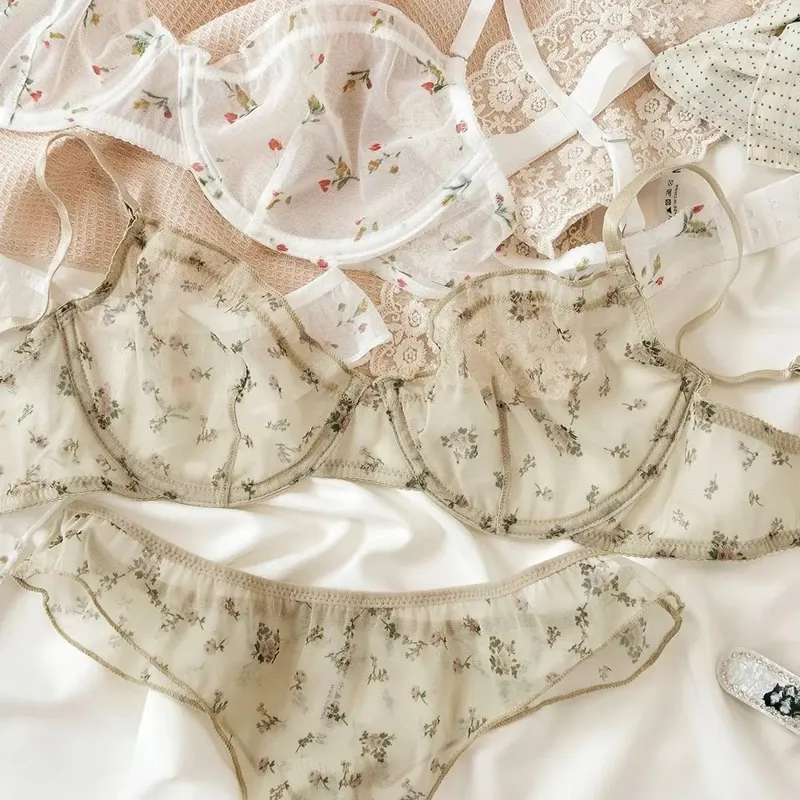 French Ultra Thin Lingerie Set Sexy Lace Floral Prints Bra Fashion Women Underwear Mesh Breathable Intimates Bras and Thong Sets — image 5