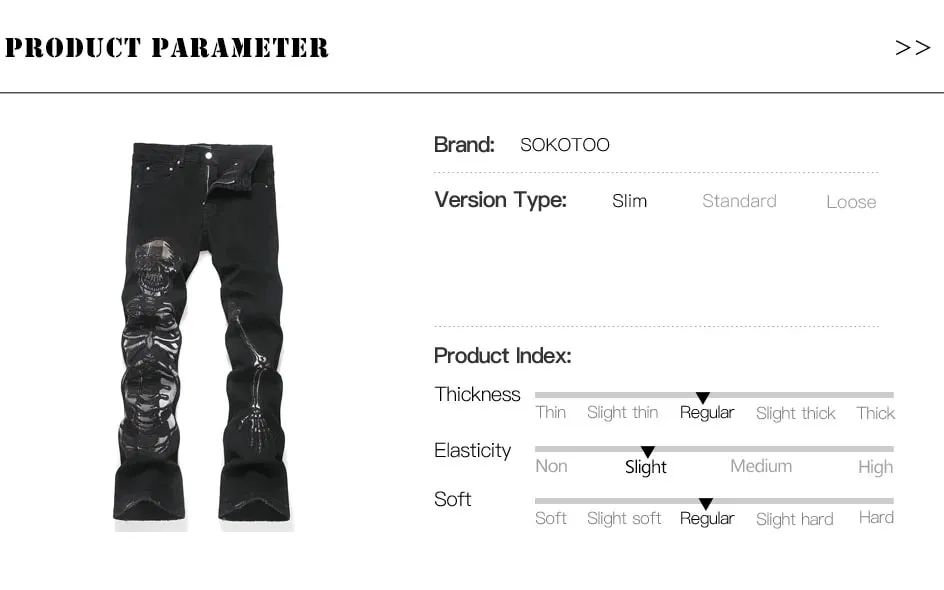 Men Skull Stretch Denim Jeans Punk Black Slim Boot Cut Pants Streetwear Devil Embroidery Patch Flared Trousers