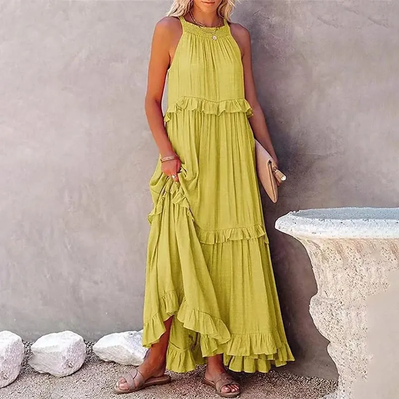 Women Casual Solid Ruffles Long Dress Summer Elegant Sleeveless Sundress Elegant Harajuku Maxi Dress Beach Party Evening Vestido — image 13