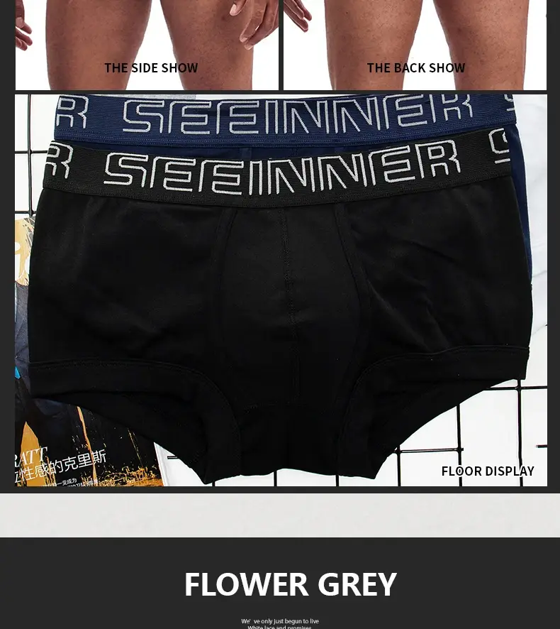 Seeinner Mens Boxer Shorts Cotton U Convex Pouch Pakaian Dalam Lembut Selesa Seluar Dalam Cueca Masculina M-XXL Hitam Putih Kelabu