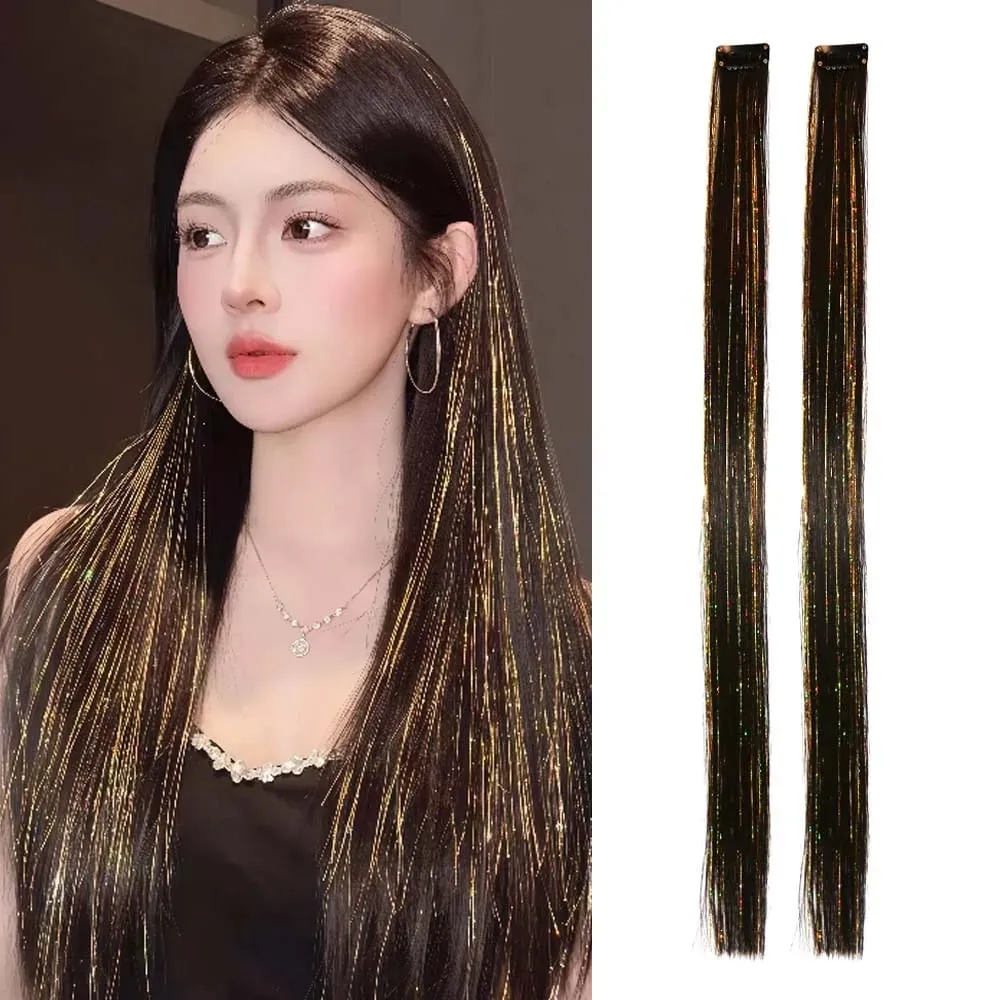 2PCS light brown with tinsel Hair Extensions 24inch Sparkling Hair Clips Multicolored Clip In On Hair Extension Synthetic Hair — image 9