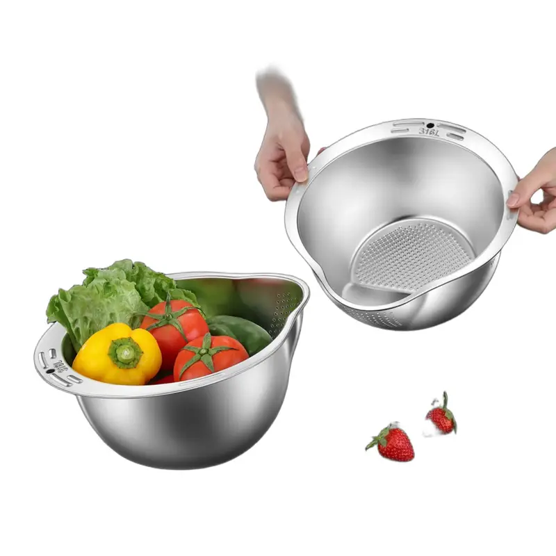 LFGB Certification Pure 316 Stainless Steel Kitchen Washing Basin 99.9% Anti-bacterial Vegetable Fruit Washer with Strainer — image 1