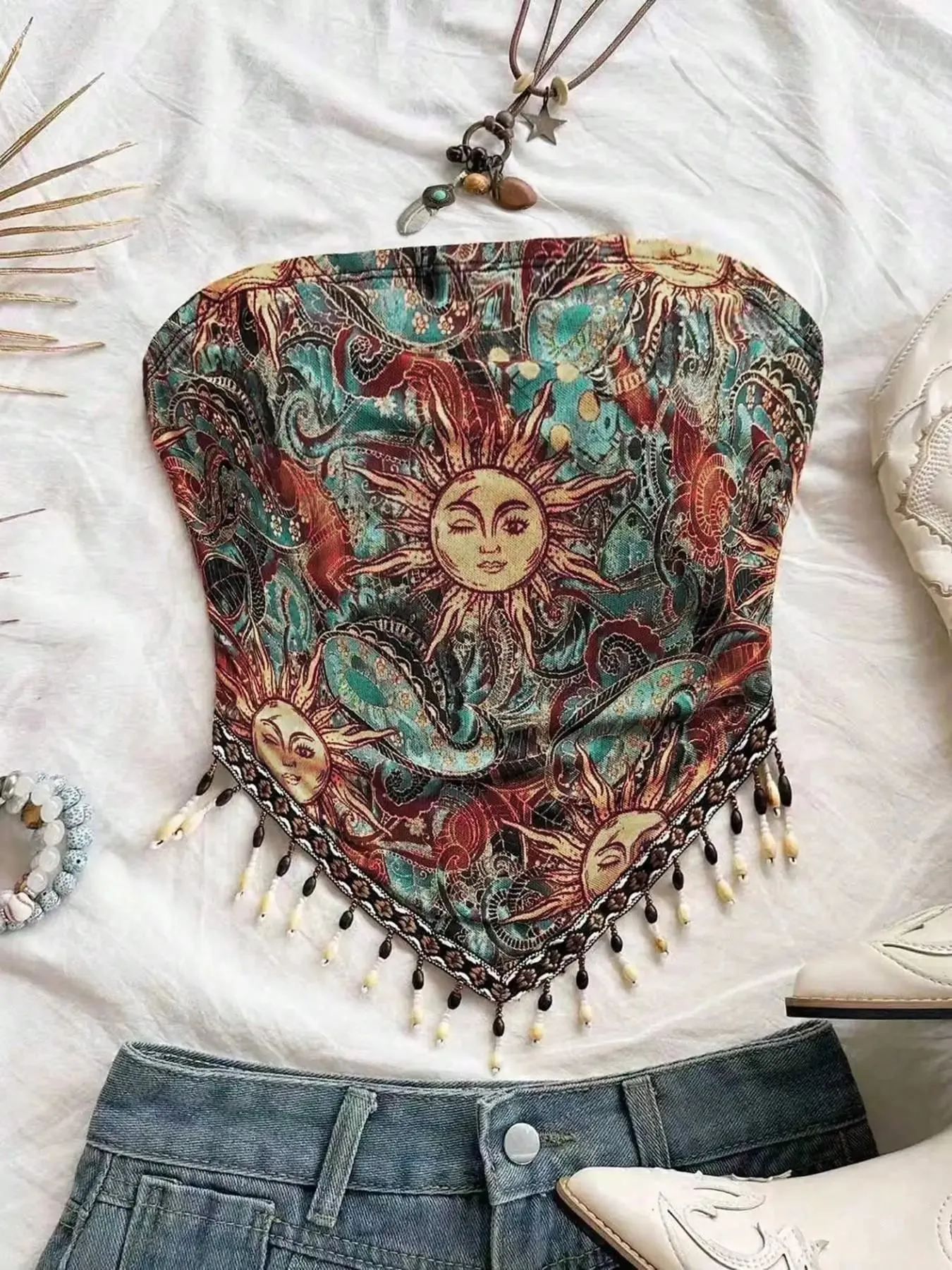 Ladies' 1pc Printed Mesh Knitted Tube Top with Triangular Hem And Beaded Fringe Trimmings