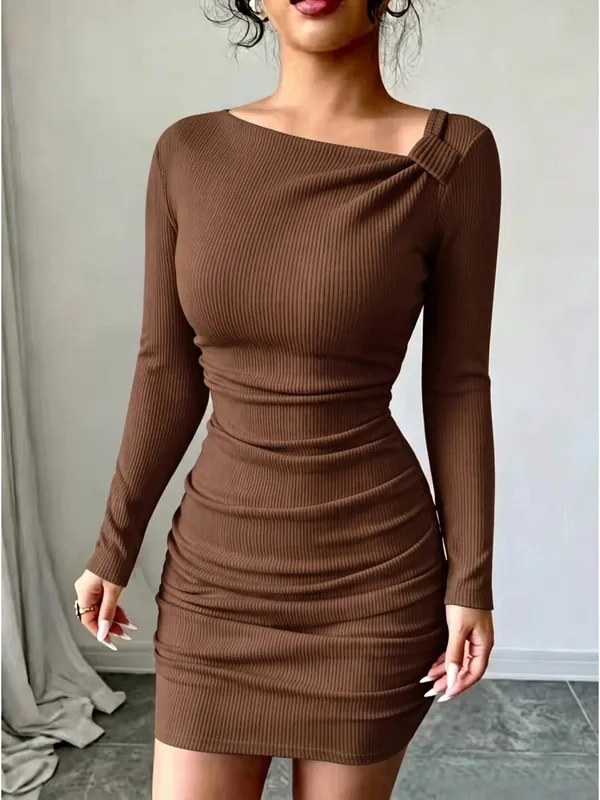 Women's Autumn Casual Elegant Solid Color Dress Mini Skirt Length Long Sleeved Pit Stripe Slanted Collar Fashion — image 4