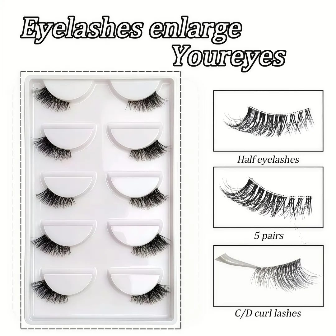 Fox Eye & Cat Half False Eyelashes 5 Pairs Natural C/D Curl Transparent Band Lashes Soft Beginner-Friendly Lash Pack for Stunn — image 6