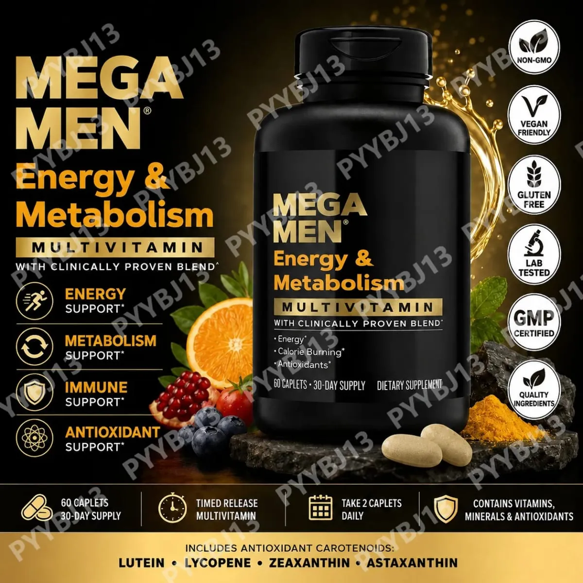 Mega Men Energy & Metabolism Multivitamin Caplets with Lutein Lycopene Zeaxanthin Antioxidants Vitamins Minerals 60 Caplets — image 2