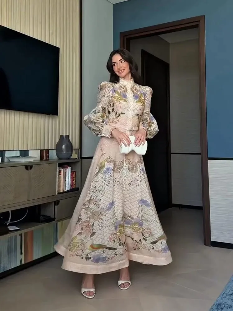 Pakaian Wanita Bercetak Renda Elegan Separuh Tinggi Kolar Tinggi Lengan Longgar Tali Pinggang Single Breasted Skirt Wanita Musim Panas 2026 Jubah Terbungkus Wanita — image 4