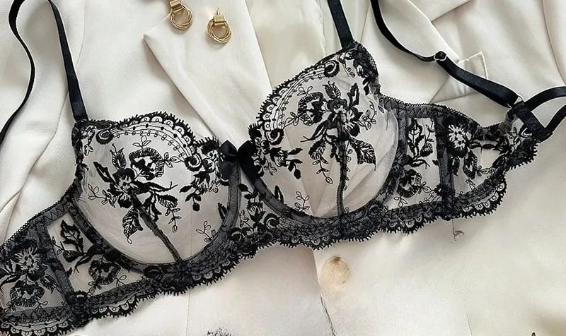 Lace Embroidery Ultra Thin Cup Bra Set Sheer Mesh Sleepwear for Big Bust Women S-XL Push Up Hot Sale 2026 32-38 S-XL Bra Set — image 15