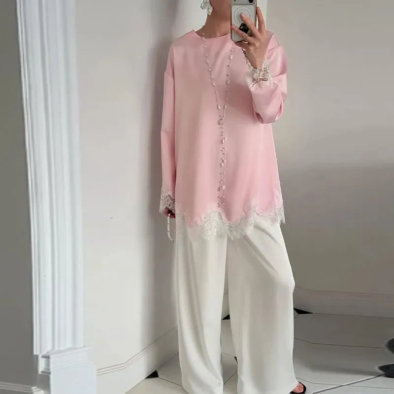 Satin Lace Patchwork Dress Women Long Sleeve O-neck Casual 2026 Spring Female Dresses Casual Solid Beach Robe Not Contain Pearls — image 14