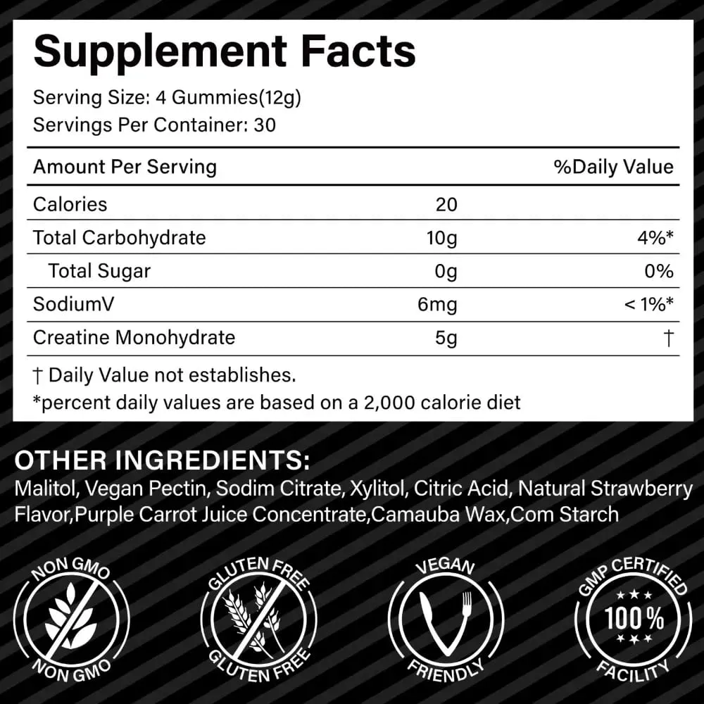 Creatine Monohydrate Gummies 5000mg for Muscle Strength Recovery & Pre-Workout Energy Boost Sugar-Free Vegan Strawberry 120 Ct — image 3