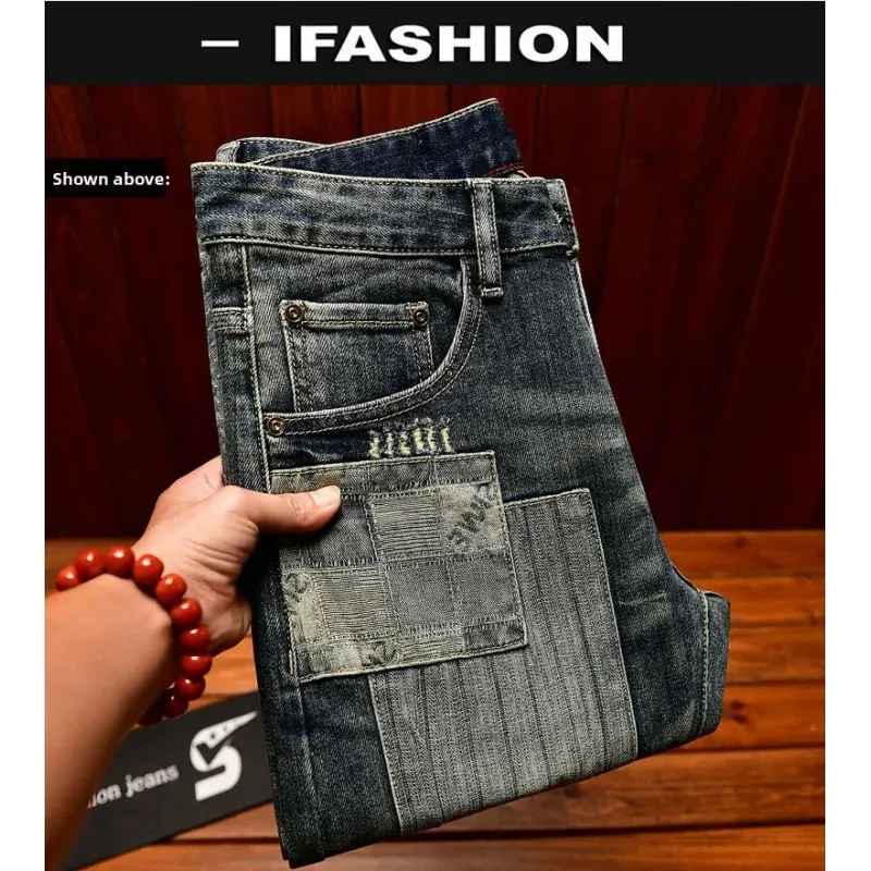 Retro and nostalgic patchwork design jeans for men trendy and fashionable street men's clothing slim fit small foot long pants — image 5