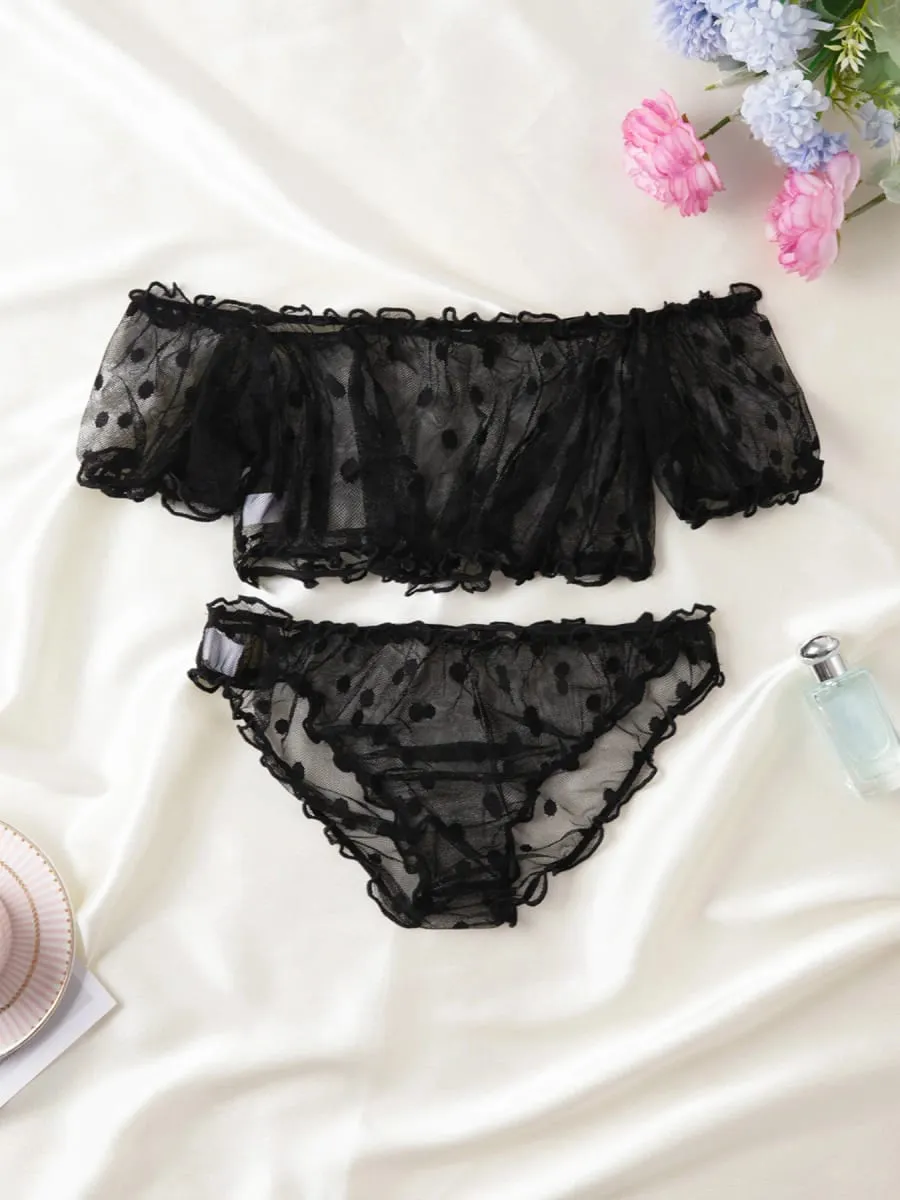 Women 2-Piece Lingerie Dot Embroidery Mesh Fancy Outfit Romantic Underwear Set Bra And Panty Sets — image 3
