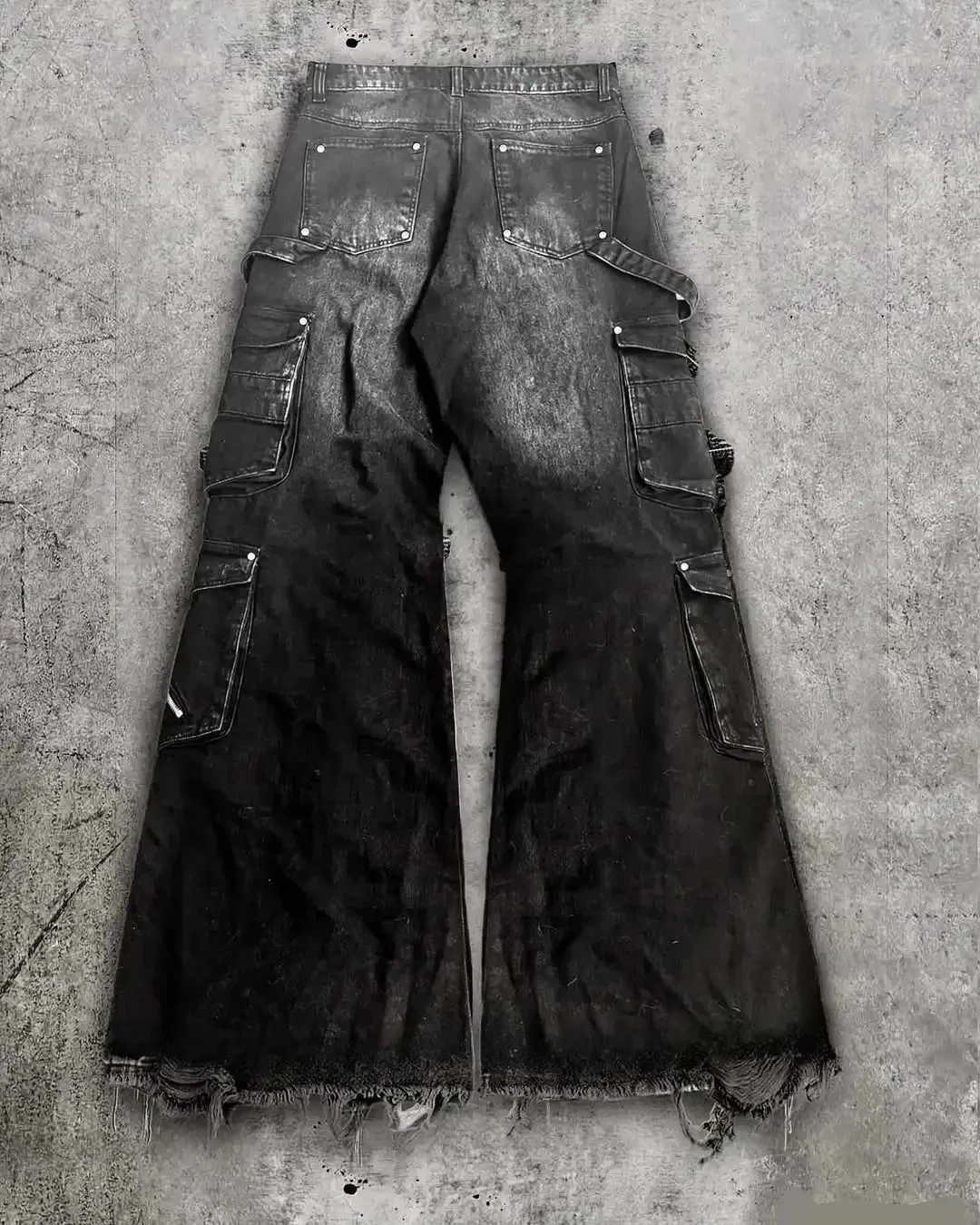 Streetwear Goth Punk Multi-Pocket Cargo Jeans Mens Black Distressed Flared Denim Pants with Straps Zippers Studs Frayed Edges — image 3