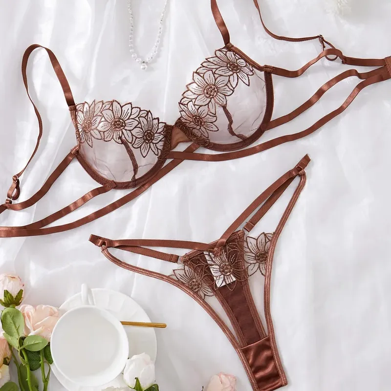 High-End Floral Embroidered Underwire Bra Set Women's Mesh Unlined Bra + Panties