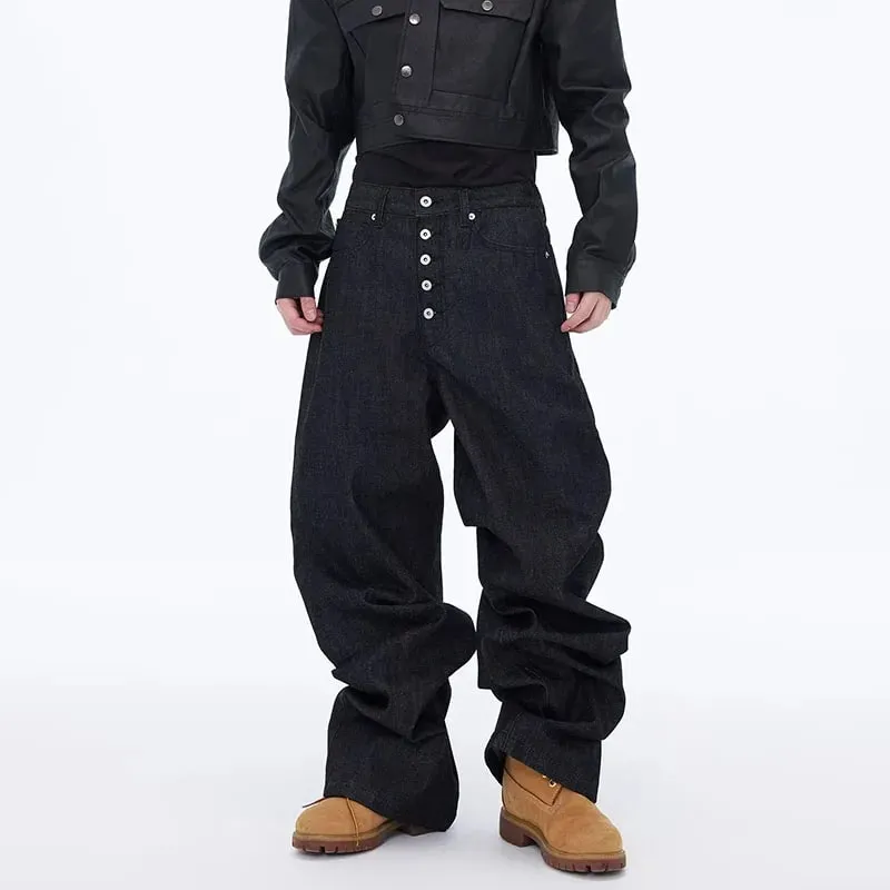 High Street Retro Buckle Design For Men'S Jeans Street Ruff And Handsome Loose Casual Wide Leg Pants Black Jeans — image 2