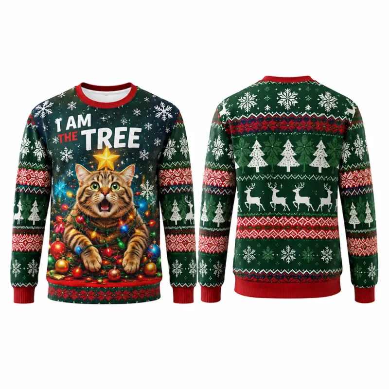 I Am The Tree Cat Christmas Sweatshirt 3D Graphics Crew Neck Long Sleeve Men Women Funny Ugly Xmas Holiday Party Autumn Pullover — image 3