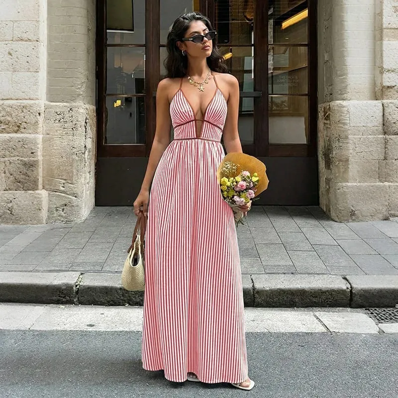2026 Summer New Style Deep V-neck Striped Beach Dress Sexy Backless Sleeveless Neckline Long Dress — image 9