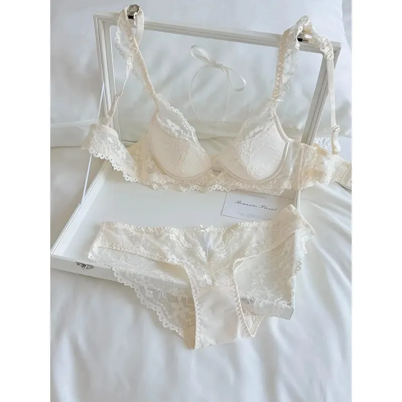 Thin Breathable Lace Bra Set French Flutter Sleeve Soft Underwire Minimizer Sexy Beauty Back Women Lingerie 32‑38 AB — image 3