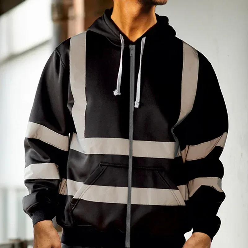 Reflective Work Safety Men Hoodies Drawstring Loose Zipper Jacket Autumn Thin Fleece Hooded Pullover Coat Casual Work Sweatshirt — image 11