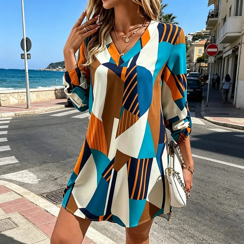 V-Neck Long-Sleeved Dress Geometric Pattern Printed Loose Mini Dress Summer Beach Casual Short Dress