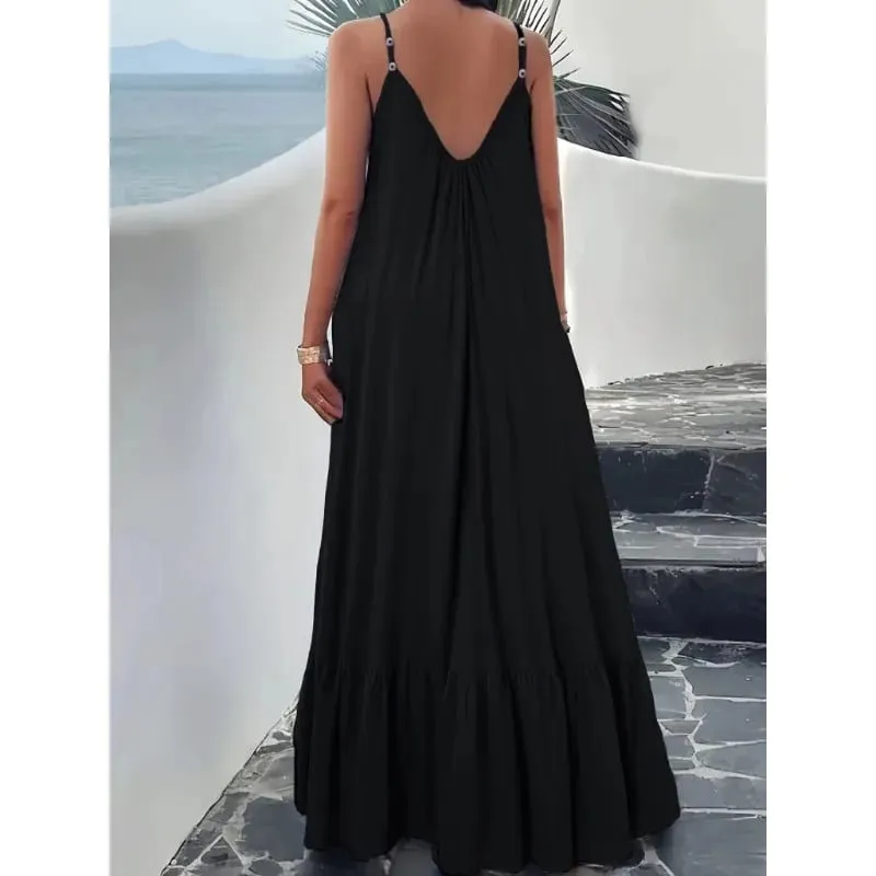 Summer Dresses 2026 New Solid Color Spaghetti Strap Maxi Dress Women V Neck For Beach Party Resort Daily Matching Outfit — image 4