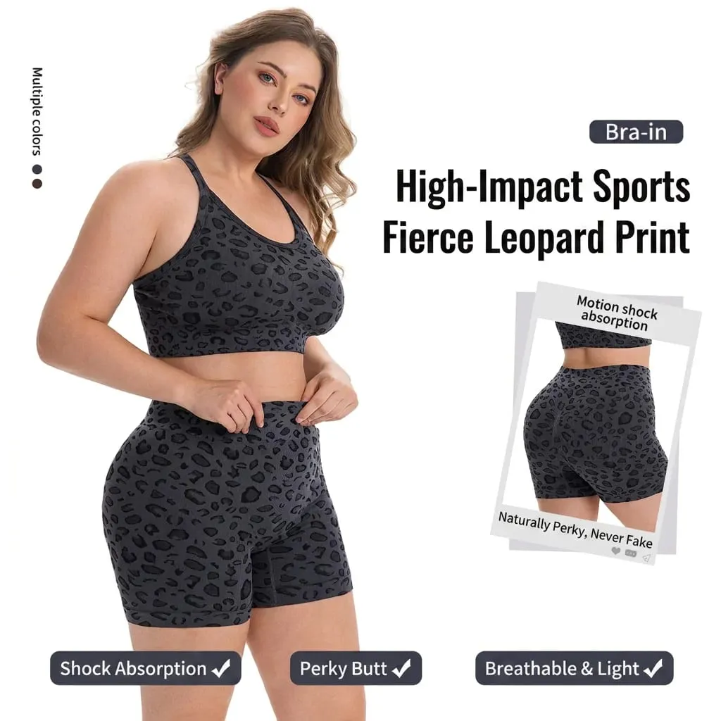 Women Plus Size Leopard Print Workout Set High Waist Tummy Control Shorts Padded Racerback Sports Bra 2PCS Gym Yoga Running Wear — image 2