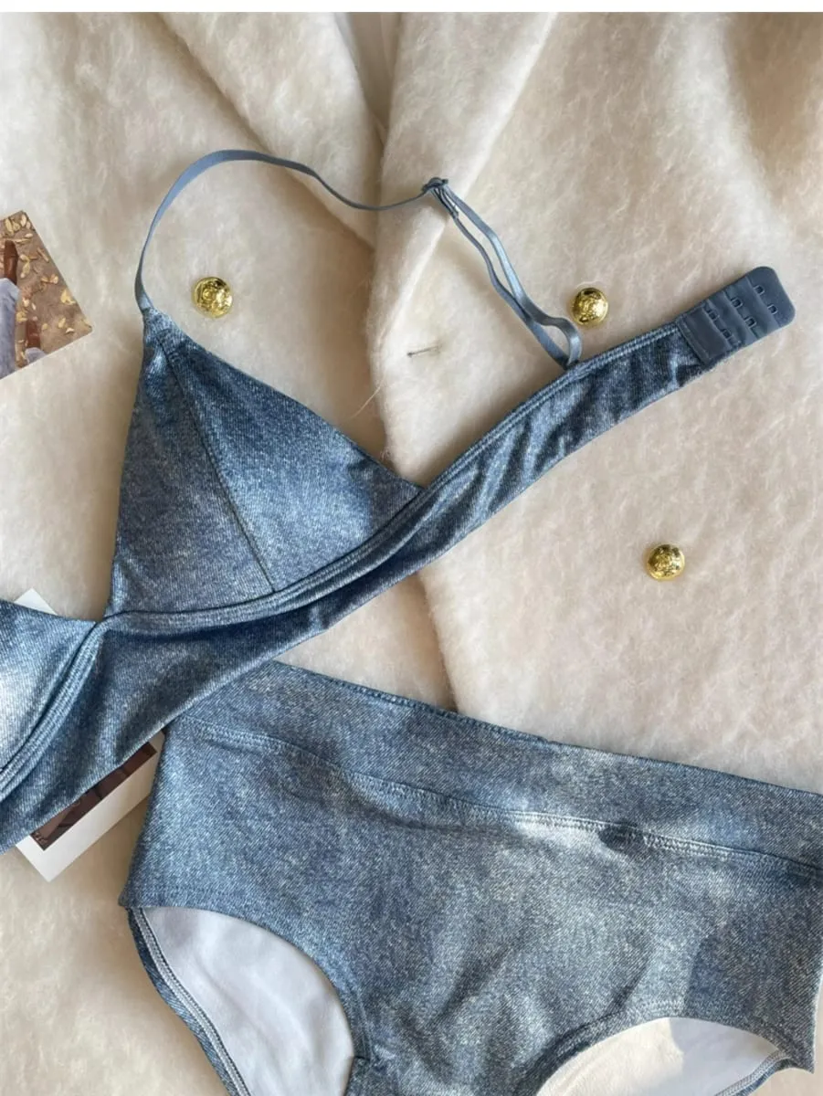 Triangle tasse imitation denim section mince sous-vêtements femme beauté dos lingerie rassemblé pour recueillir les seins ensemble de soutien-gorge confortable — image 4