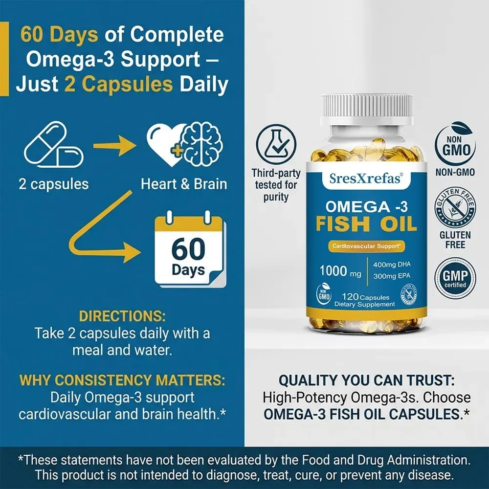 Fish Oil 1000 Mg | Omega 3 + EPA & DHA | Brain Heart Joints Skin and Immune Support | 120 Count Non-GMO Softgels Supplements — image 6