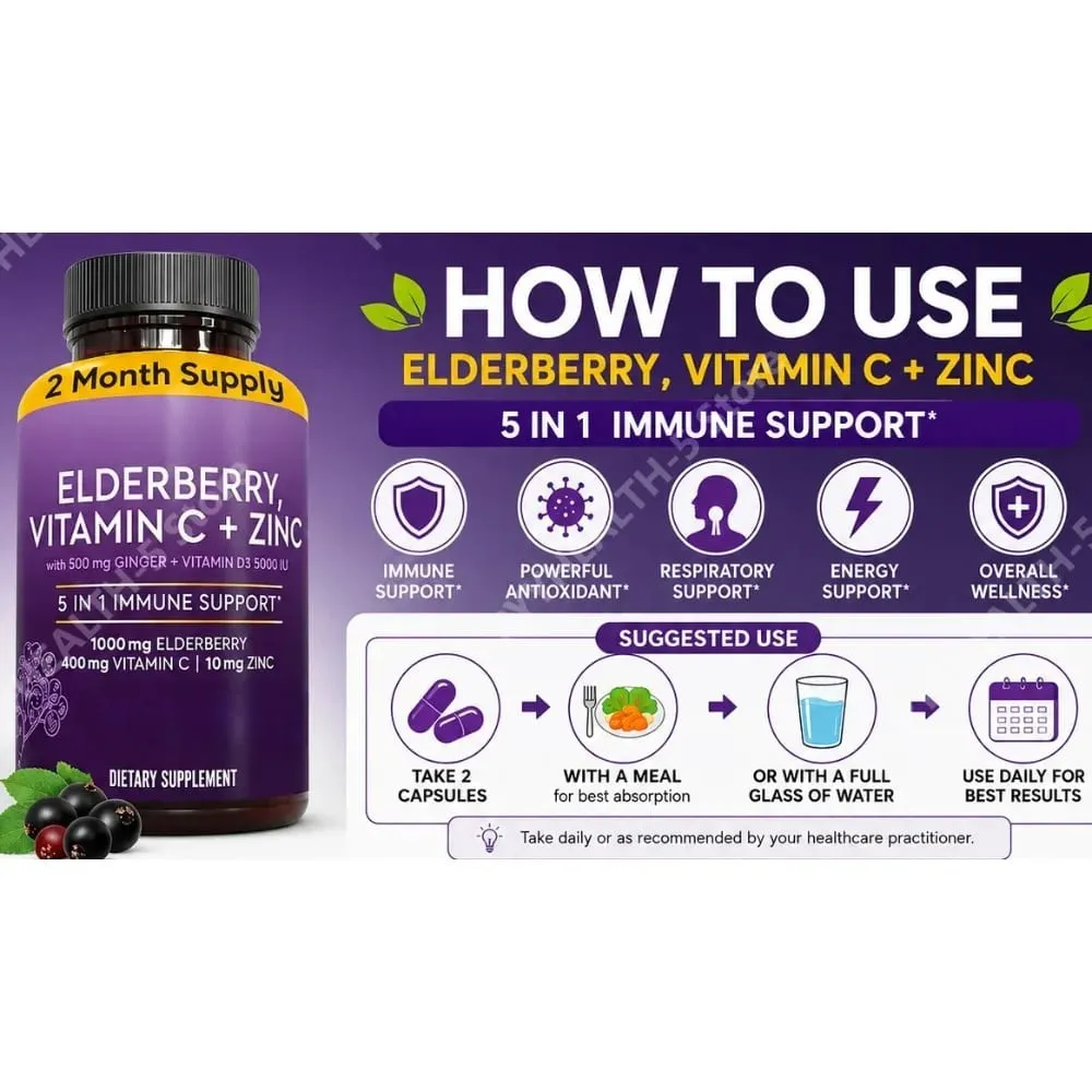 แคปซูล Elderberry พร้อมวิตามินซีสังกะสี D3 ขิง Sambucus Black Elderberry Herbal Blend การสนับสนุนสุขภาพรายวันสำหรับผู้ใหญ่ — image 6