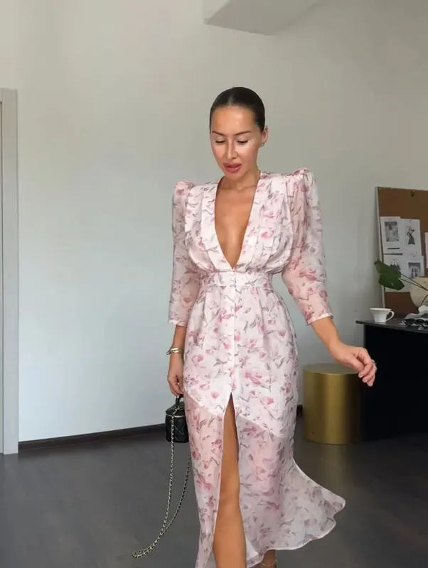 Chic Puff Sleeve Flora Printed Maxi Dress V-neck Waist Cinching Split Elegant Women's Dresses for Party 2026 Female Clothing New — image 9