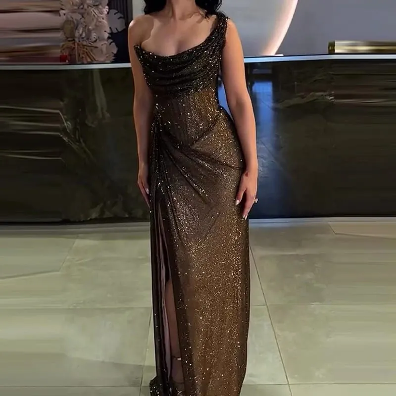 Sexy elegante comprimento total alta divisão vestido de festa chique cinta banquete maxi vestido de luxo feminino um ombro glitter vestido fino — image 4