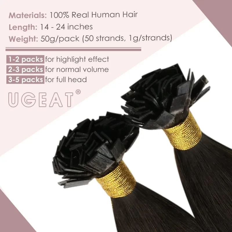 Ugeat Flat Tip Hair Extensions Human Hair Pre-bonded Hair Extensions 14-24" Keratin Flat Human Hair Balayage Farve Hår 1g/1s — image 3