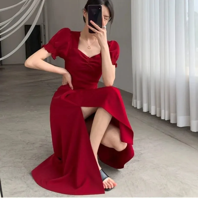 Solido Puff a maniche corte Elegante vestito con lo spacco Nuove donne di moda Scollo a V Abiti completi Donna Vita alta Slim Abiti da sera — image 5