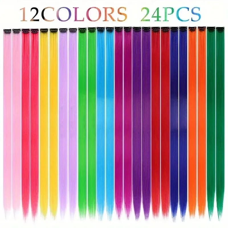 24Pcs/lot Clip in Hair Extensions Multi-Colors Highlights Synthetic Hair 22 inch Rainbow Hairpieces for Girls Women Kids