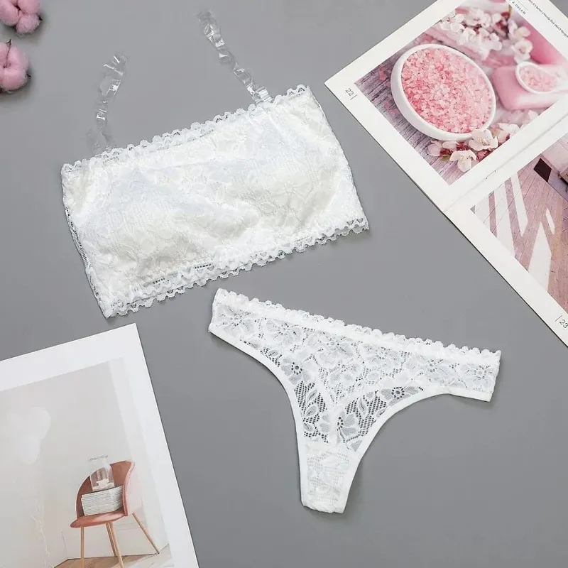 Lace Sheer Flower Thong Bra Set Embroidery Invisible Straps Floral Panties Bra Kit Hollow Lingerie Underwear for Women Women — image 8
