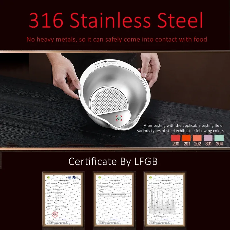LFGB Certification Pure 316 Stainless Steel Kitchen Washing Basin 99.9% Anti-bacterial Vegetable Fruit Washer with Strainer — image 4