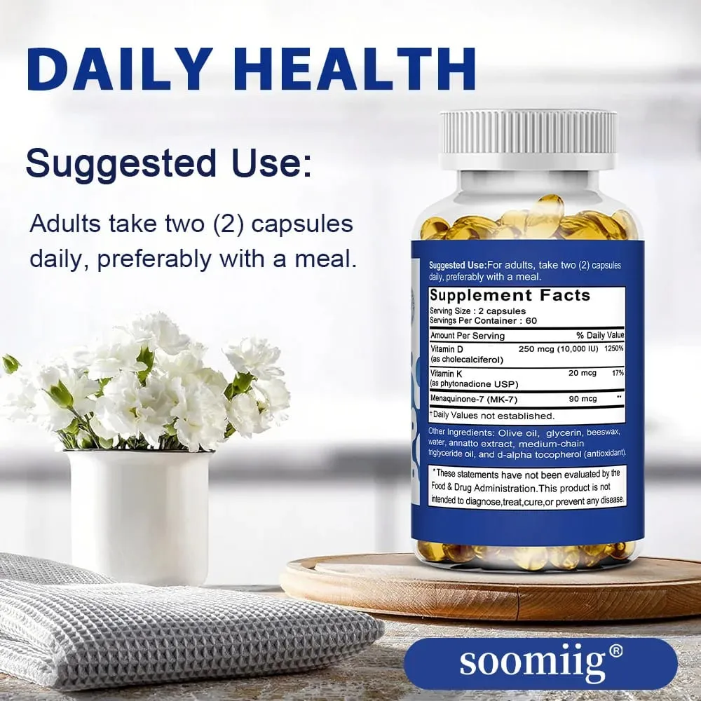 Vitamin D3 10000 IU + K2 Mk7 Capsules 120pcs for Bone Heart Health & Immune Support Non-GMO Vegan Enhanced Absorption