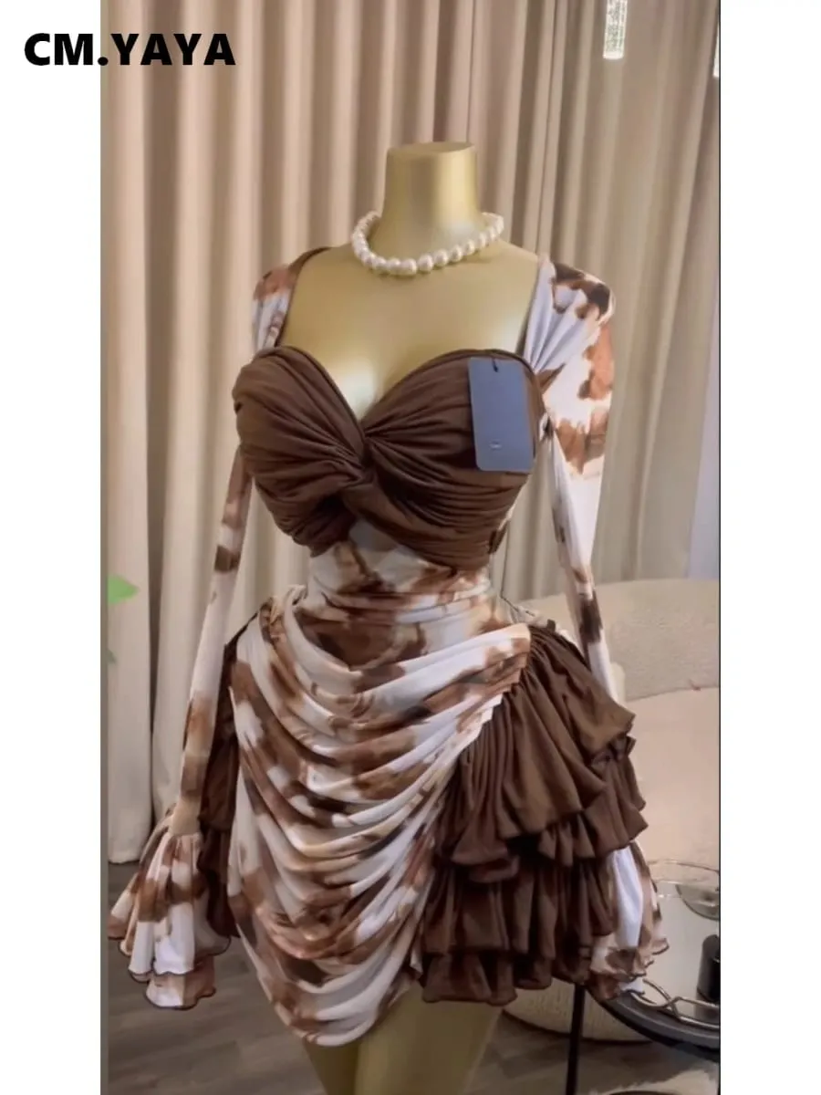 CM.YAYA Wanita Tie Dye Print Cascading Ruffles Bell Lengan Panjang Bodycon Ruched Draped V-neck Dress Pakaian Percutian Pantai