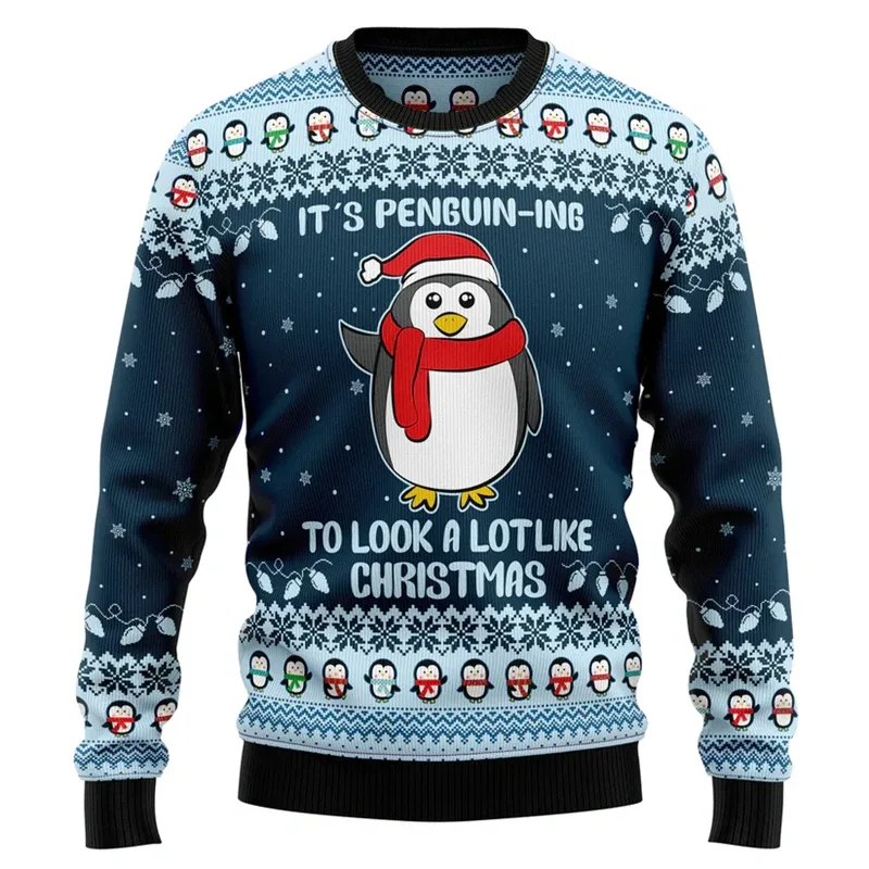 Funny Penguin Graphic Ugly Christmas Sweater For Men Fashion Autumn Holiday Wear 3D Printed Sweatshirts Loose Breathable Tops — image 1