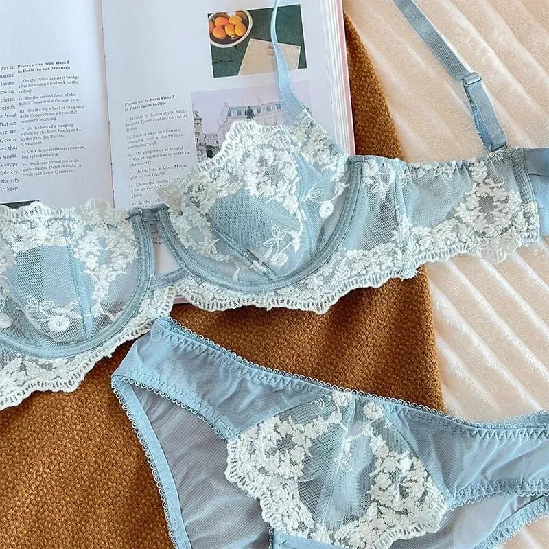 Embroidered Bralette & Panty Set for Women Ultra-Thin Comfort Underwire Support Large Size Lingerie — image 2