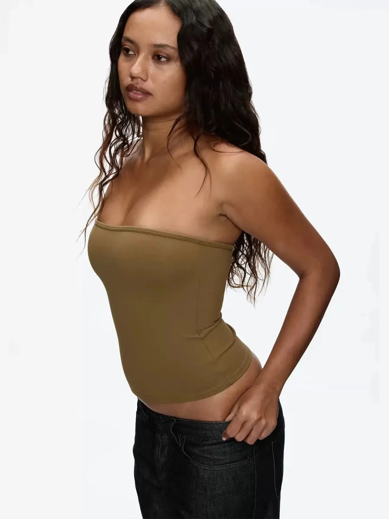 Tank Celadon Green & Coffee Brown Bandeau Crop Top Minimalist Y2K High-Stretch Top — image 4