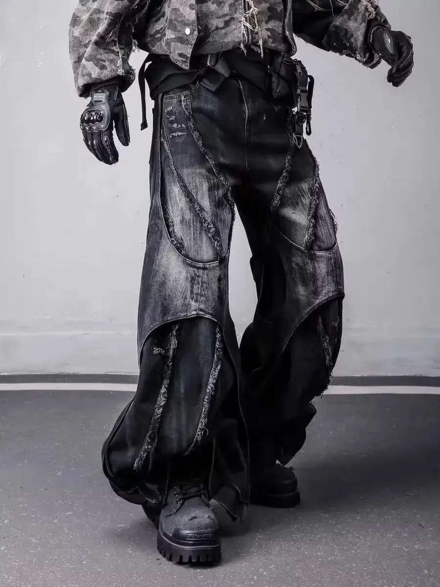 Men's Y2k Baggy Flare Jeans Harajuku Japanese 2000s Style Patchwork Denim Trouser Vintage Oversize Cargo Jeans Pants Clothes — image 3